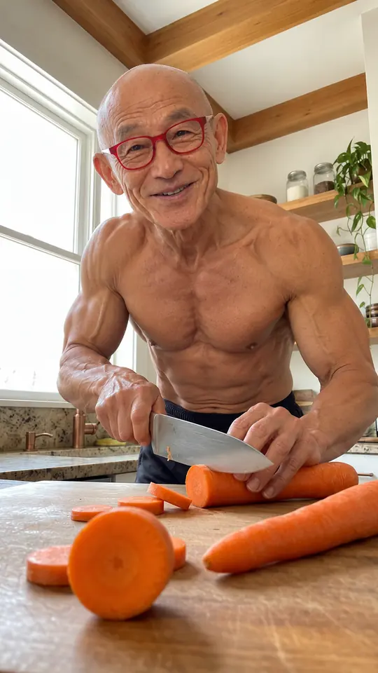 AI-generated character: a bald, athletic older man in red glasses slicing carrots in a bright kitchen.