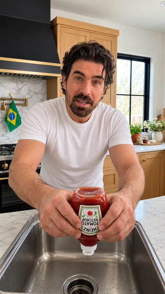 AI-generated character: a man with dark curly hair and a beard holding a ketchup bottle over a kitchen sink.