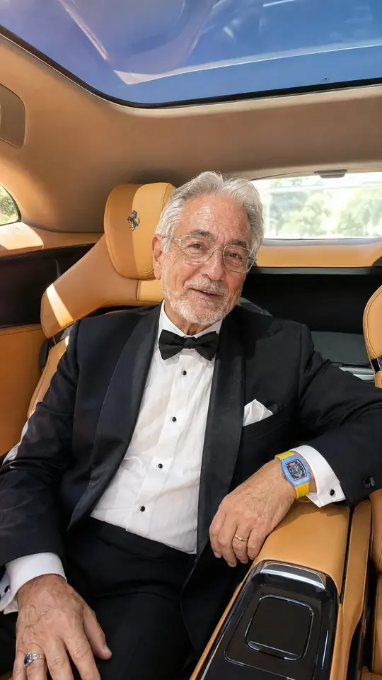 AI-generated character: an elderly man in a tuxedo and bow tie seated in the tan leather interior of a car.