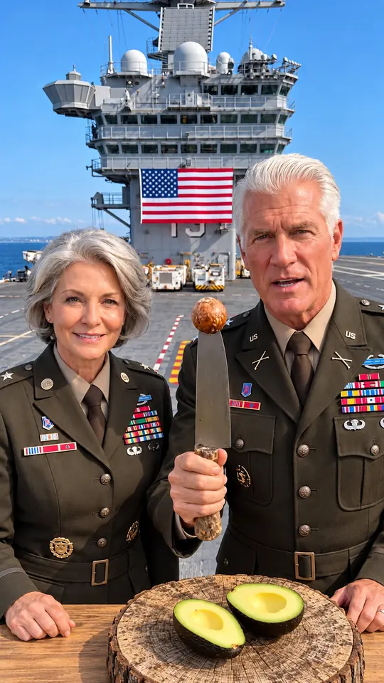 AI-generated characters: two senior military officers in dress uniform on a ship deck, with halved avocados on a wooden board.