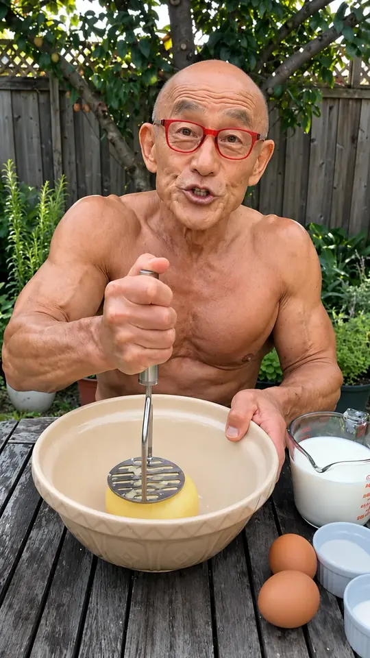 AI-generated character: a bald, athletic older man in red glasses mashing potatoes in a garden kitchen setup.